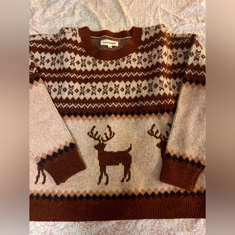 Lucky Brand Tan and Brown Deer Pattern Crewneck Sweater